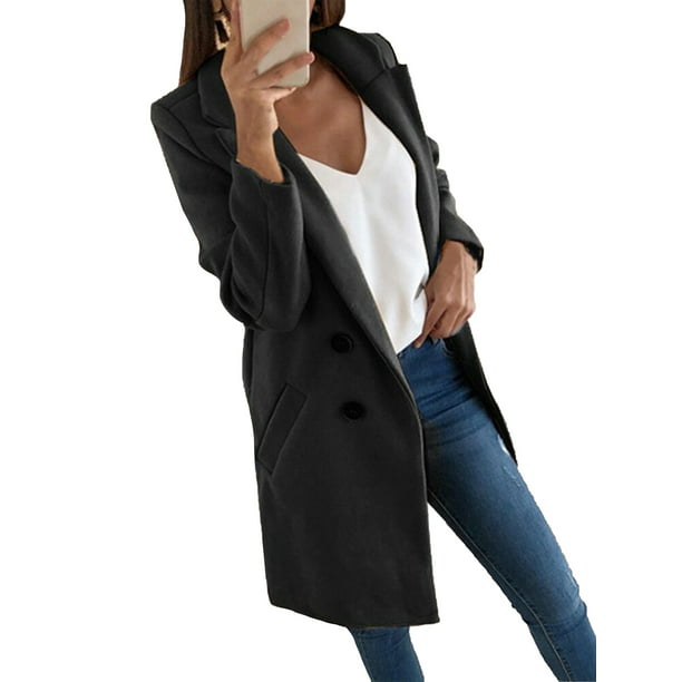 Women Long Sleeve Blazer Work Jacket Formal Overcoat Woolen Trench Cardigan Coat 